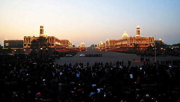 A view of the illuminated Rashtrapati Bhawan, South Block and North Block during the Beating the ceremony in New Delhi