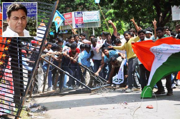 Pro-Telangana students clash with police during a protest at Hyderabad (Inset) K T Rama Rao