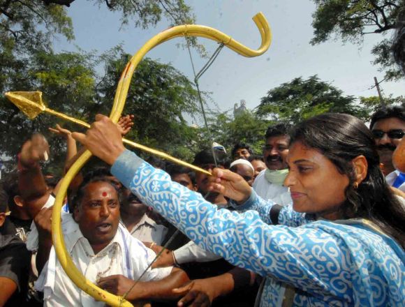 YSR Congress leader Sharmila gestures during her march in Kurnool district