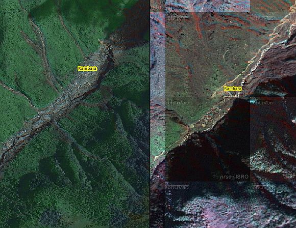 (Left) The village of Rambara before the debris flow; (right) And this is how it looked afterwards. There is nothing left