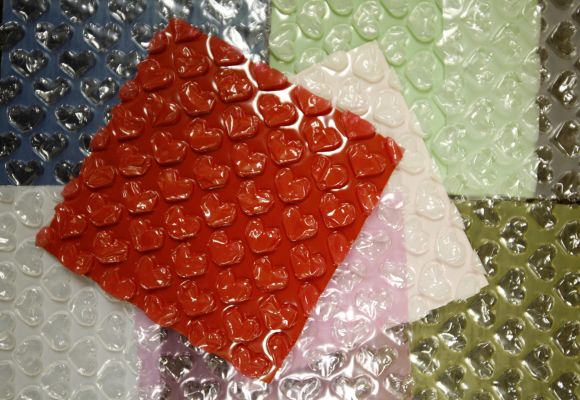 Japanese bubble-wrap manufacturer Kawakami Sangyo Co. Ltd's heart-shaped bubble wrap sheets are seen in Tokyo.