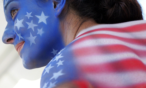 A United States fan covered in body paint ahead of a football game in Kaiserslautern, Germany