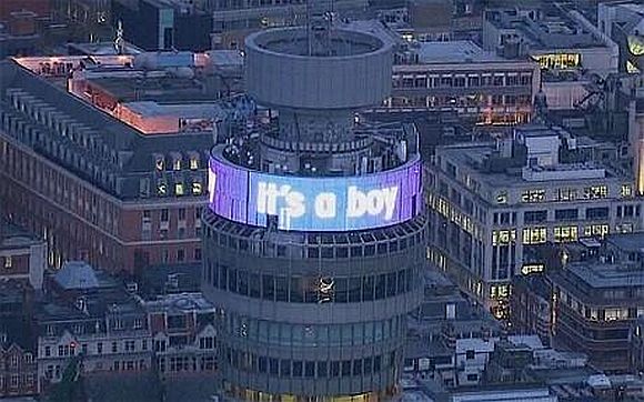 The BT Tower in London announcing that the Royal Baby is a boy