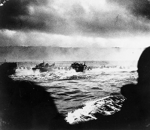 Landing craft put troops ashore on 'Omaha' Beach on D-Day, 6 June 1944