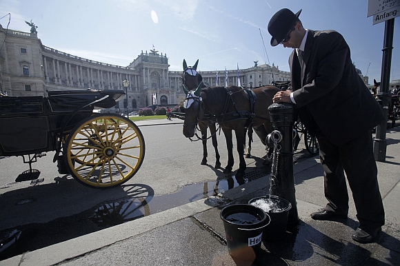 A traditional Viennese Fiaker (coachman) fills pails to water his horses at Heldenplatz square in front of the historic Hofburg palace in Vienna