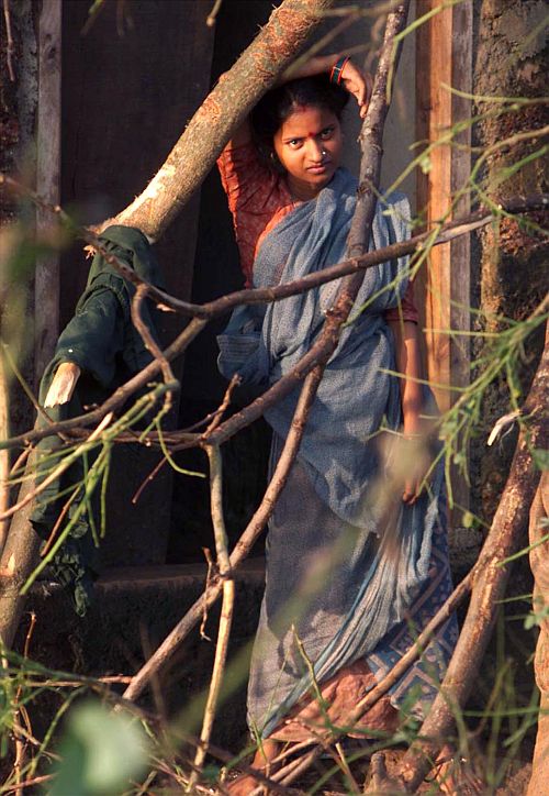 A woman looks at an uprooted tree which fell in front of her house in the cyclone hit Dhirpur village in Orissa