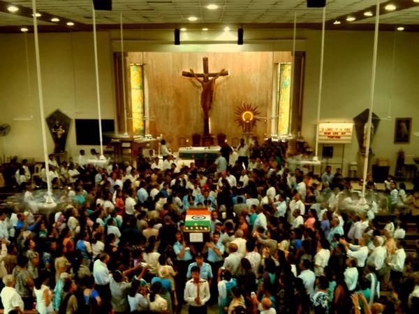 The mortal remains of Wing Commander Daryl Castelino being carried away at the end of his funeral service at Mumbai's St Anthony's Church in Vakola.