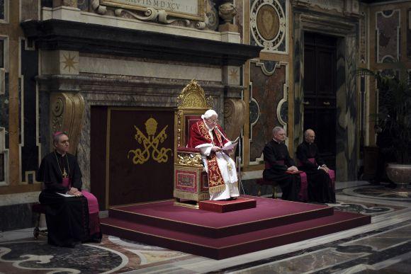 Pope Benedict XVI addresses during the last meeting with the Cardinals at the Vatican