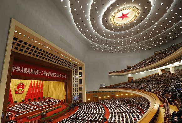 A general view inside the Great Hall of the People during China's Premier Wen Jiabao's speech in the opening ceremony of the National People's Congress
