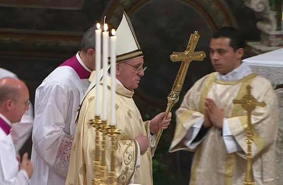 Newly elected Pope Francis I, Cardinal Jorge Mario Bergoglio of Argentina, leads a mass with cardinals at the Sistine Chapel