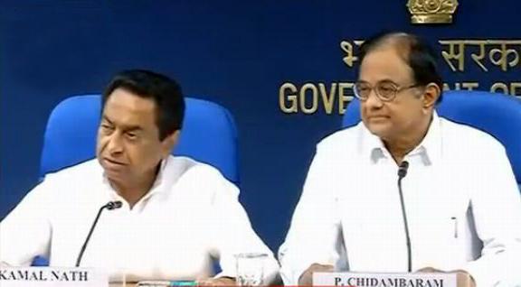 Video grab of Union ministers P Chidambaram and Kamal Nath addressing the media on Wednesday