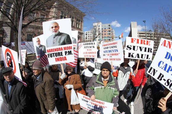 Modi supporters protest near the venue of the Wharton Economic Forum in Philadelphia on Saturday