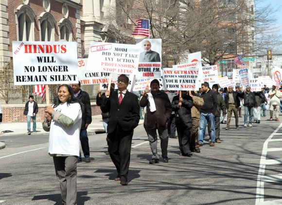 Modi supporters protest near the venue of the Wharton Economic Forum in Philadelphia on Saturday