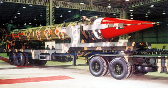 Ghauri missile, capable of carrying nuclear warheads, with a range of 1,500 km, on a mobile launch-pad at an undisclosed location in Pakistan