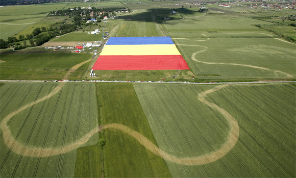 An aerial view of Romania's national flag during a Guinness World Record attempt for the world's biggest national flag in Clinceni, near Bucharest