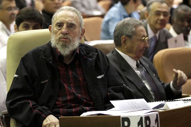 Fidel Castro, left, attends the opening session of the National Assembly of the People's Power beside his brother, Cuban President Raul Castro, in Havana, February 24, 2013. Castro made a rare public appearance as he took his long-empty seat beside his younger brother. He has graced the assembly chambers just once, in 2010, since taking ill in 2006 and ceding power to his brother.