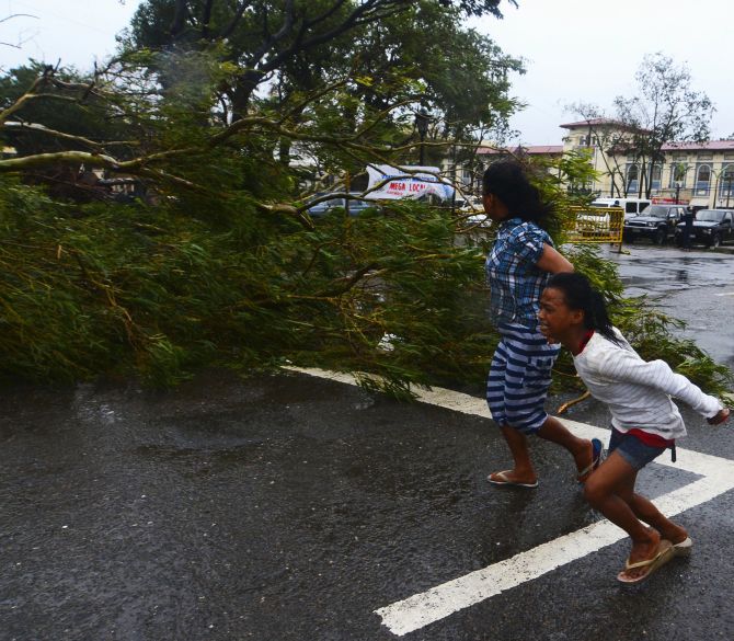 Residents rush to safety past a fallen tree during strong winds brought by Typhoon Haiyan that hit Cebu city, central Philippines, Friday