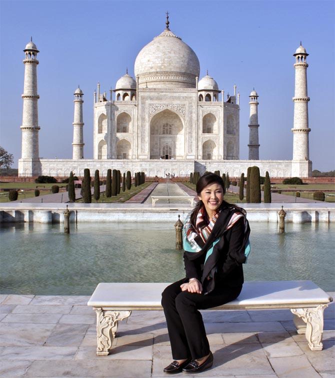 Thailand Prime Minister Yingluck Shinawatra at the Taj Mahal in January 2012. Shinawatra was the chief guest at India's Republic Day.