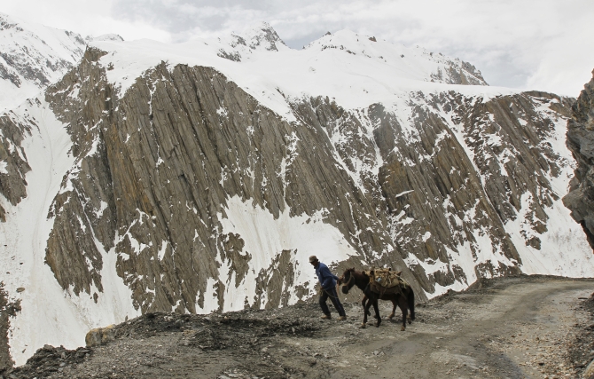 A man pulls his donkeys on a mountainous road covered by snow near the Srinagar-Leh highway