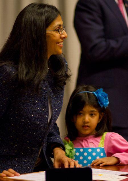 Nisha Desai Biswal sworn-in by US Secretary of State John Kerry as the new Assistant Secretary for South and Central Asia.