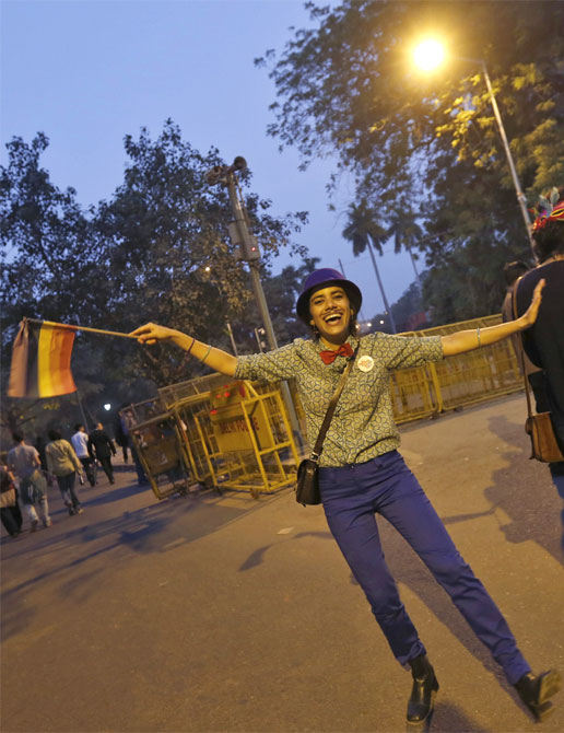 A participant dances during the sixth Delhi Queer Pride parade