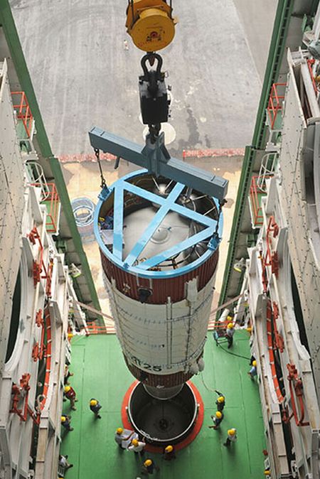 Hoisting of PSLV-C25 second stage in the Mobile Service Tower
