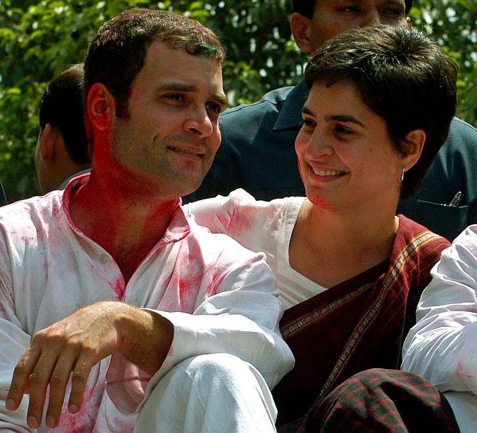 Priyanka Gandhi with Rahul Gandhi at a rally in Amethi