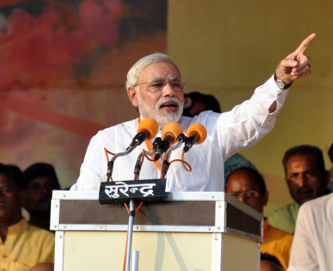 Gujarat Chief Minister Narendra Modi addresses a rally at Kanpur