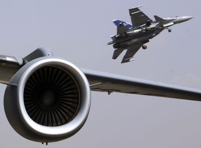 A Russian-made Indian Air Force Sukhoi-30 at the IAF's Yelahanka air station.