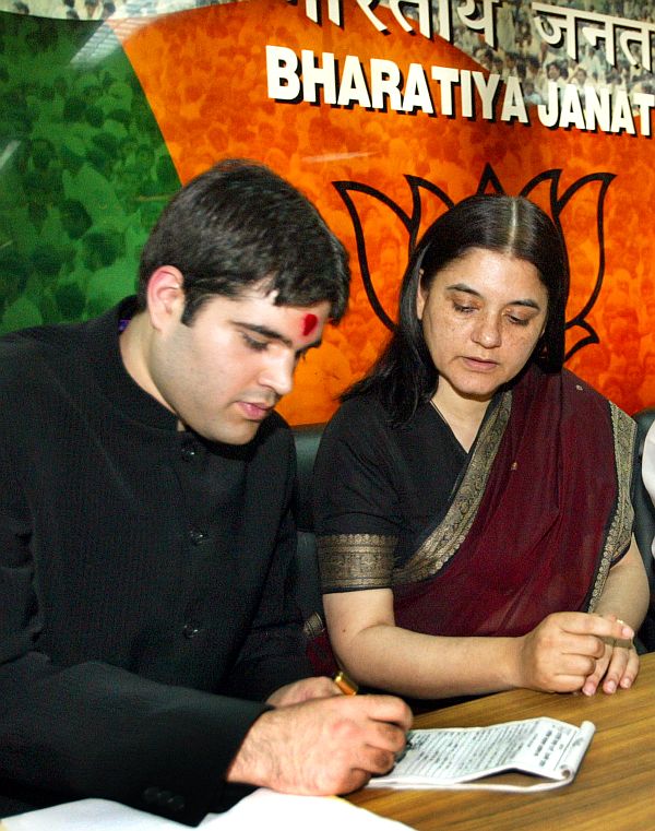 Maneka Gandhi with her son Varun at the BJP headquarters
