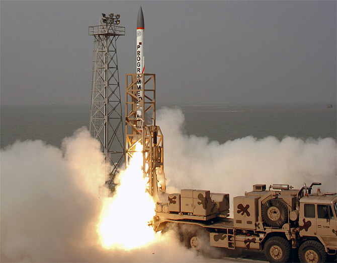 An advance air defence interceptor missile, Prithvi, is launched from Wheeler Island