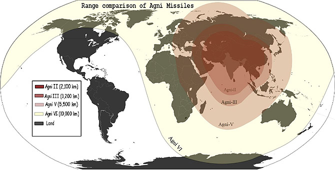 A comparison of the firing range of Agni missiles