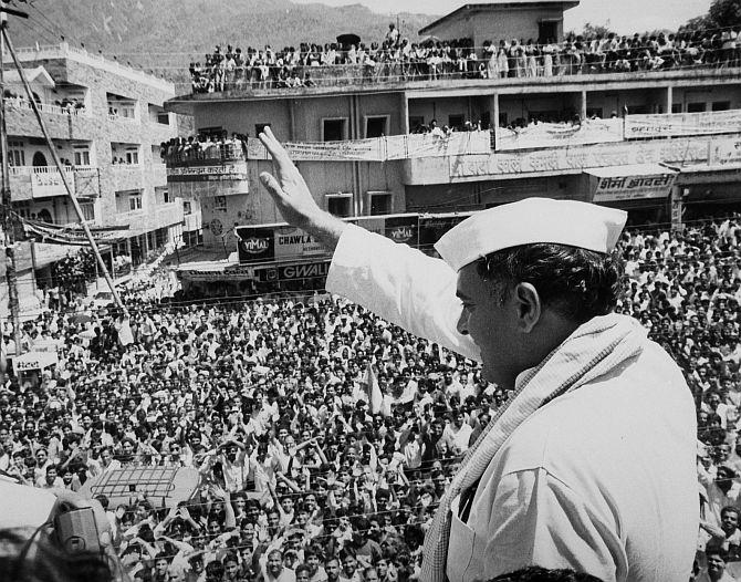 A file photograph of the late Rajiv Gandhi at an election rally.