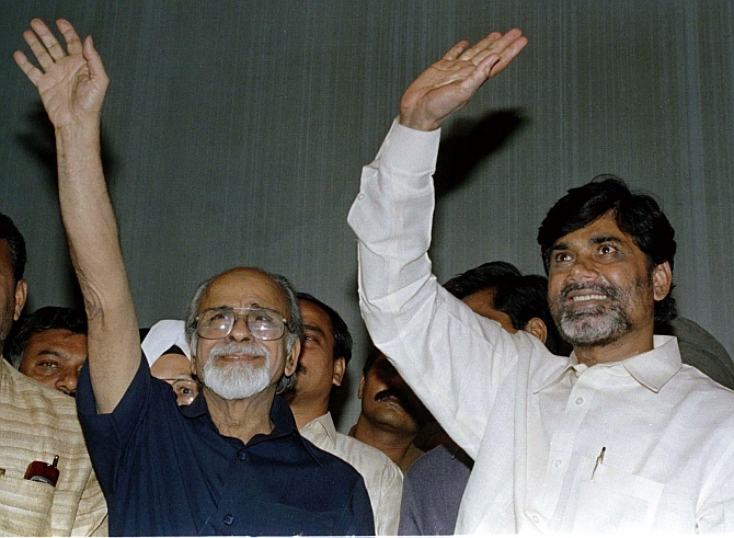 Former prime minister Inder Kumar Gujral (left), with a young Chandrababu Naidu,then the convenor of the United Front's Steering Committee