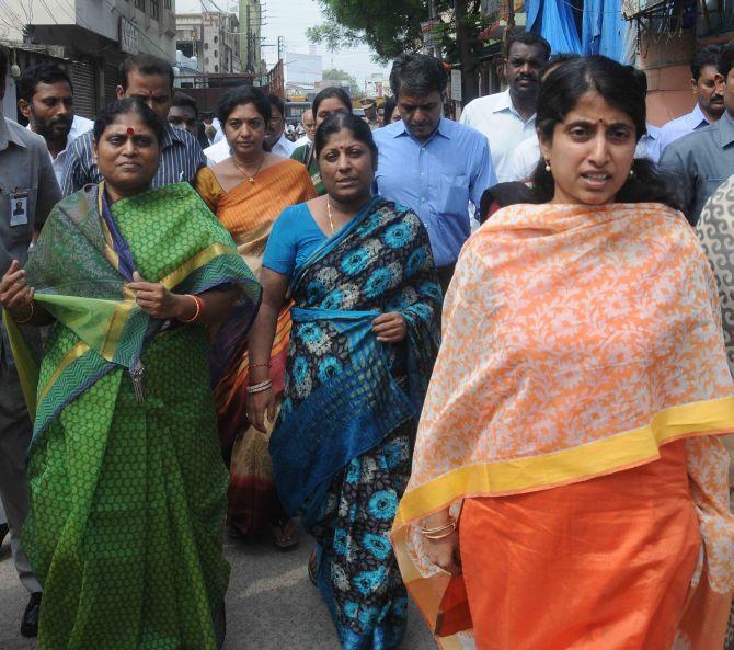 YSR chief Jagan Mohan Reddy's wife Bharathi (R)