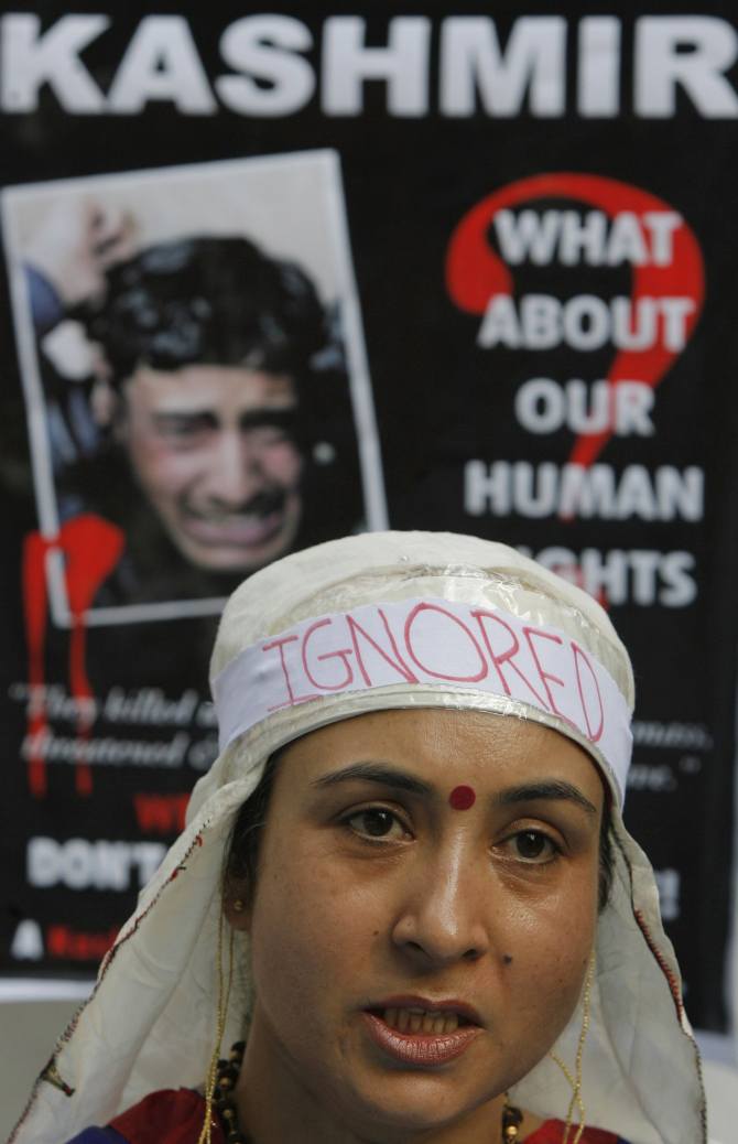 A Kashmiri Pandit attends a rally to mark World Refugee Day in New Delhi, June 20, 2010. Two decades after they were forced to flee Kashmir, thousands of Hindu Pandits seek to return to their ancestral homeland, their hopes lifted by a fall in Islamist rebel attacks.