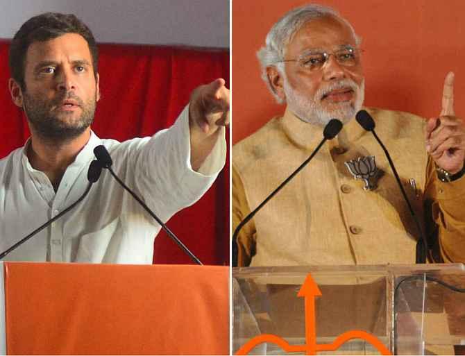 A combination photo shows Rahul Gandhi and Narendra Modi addressing rallies at Mumbai's MMRDA grounds