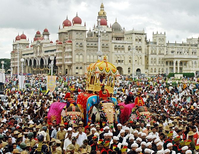 People attend the annual Dussehra celebration in Mysore. Photograph: Jagadeesh Nv/Reuters 