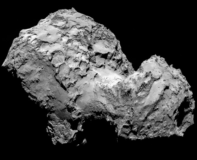 First image of Comet 67P/Churyumov-Gerasimenko by Rosetta's OSIRIS narrow-angle camera on August 3 from a distance of 285 km. The image resolution is 5.3 metres/pixel.