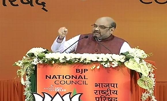 Amit Shah addresses the BJP national council meet in New Delhi