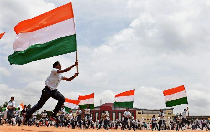 School students at the rehearsal for the Independence Day function at parade ground in Bengaluru