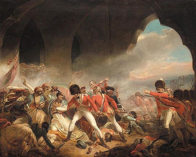 A painting titled 'The Last Effort and Fall of Tipu Sultan' depicting the war of Srirangapatna
