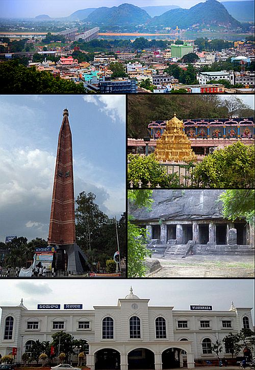 Clockwise from Top Left: Vijayawada city, Kanakadurga Temple on Indrakeeladri, Akkanna and Madanna Caves, Vijayawada Junction Railway Station, VMC Pylon