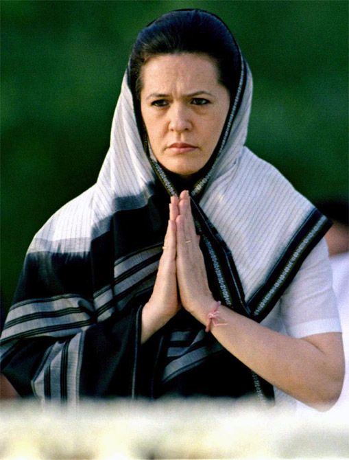 Congress President Sonia Gandhi prays at a memorial for her husband
