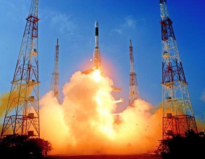 India's Geosynchronous Satellite Launch Vehicle blasts off from the Satish Dhawan space centre at Sriharikota