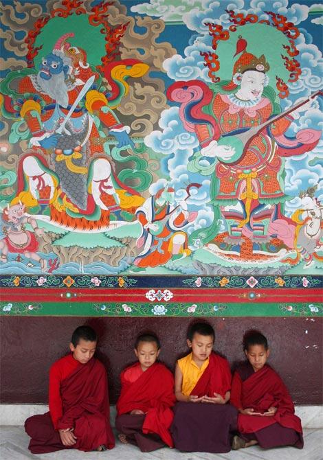 Buddhist monks at the Enchey monastery in Gangtok, Sikkim.