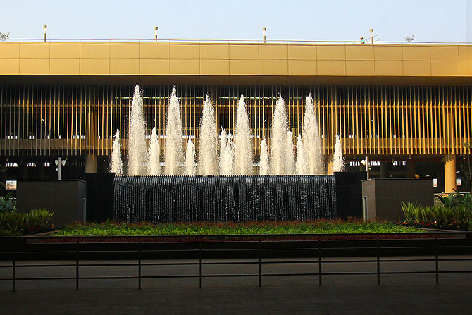 The exit with the fountain at the centre. You will be sorry to leave the fancy terminal and enter the city's chaos.