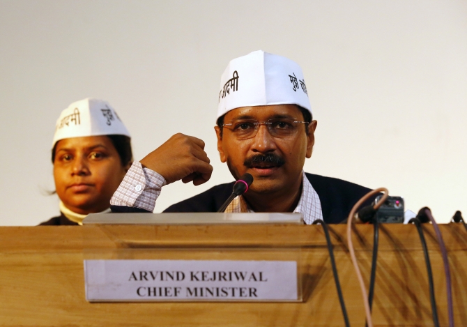 Delhi Chief Minister Arvind Kejriwal leader at a meeting with party leaders and the media.