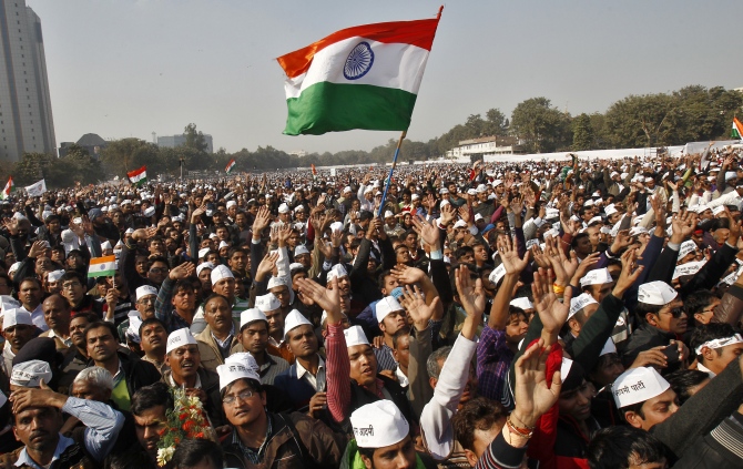 Aam Aadmi Party supporters at a party rally addressed by Arvind Kejriwal.