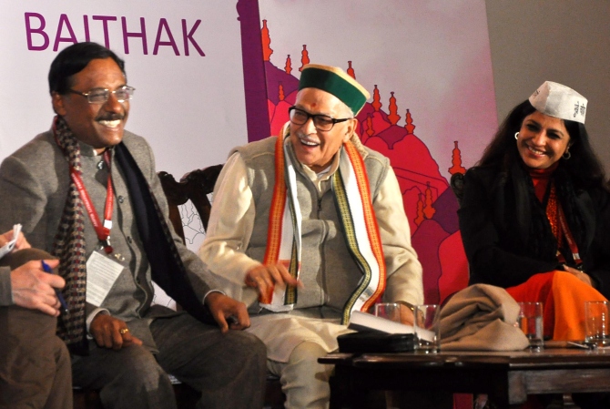 (From right) Aam Aadmi Party leader Shazia Ilmi, Bharatiya Janata Party leader Murli Manohar Joshi and author Pawan Varma